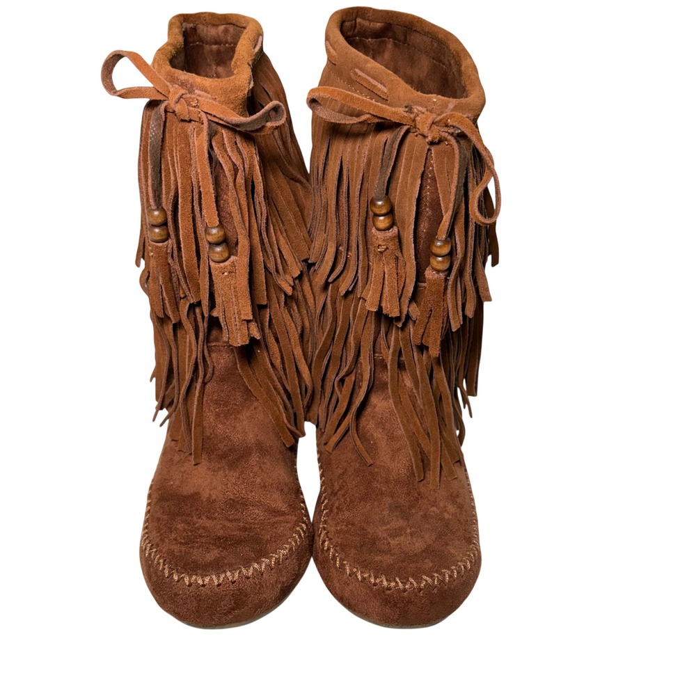 Mossimo Brown Suede Leather Fringe Moccasin Boots Womens 9 Faux Fur Lined Boho